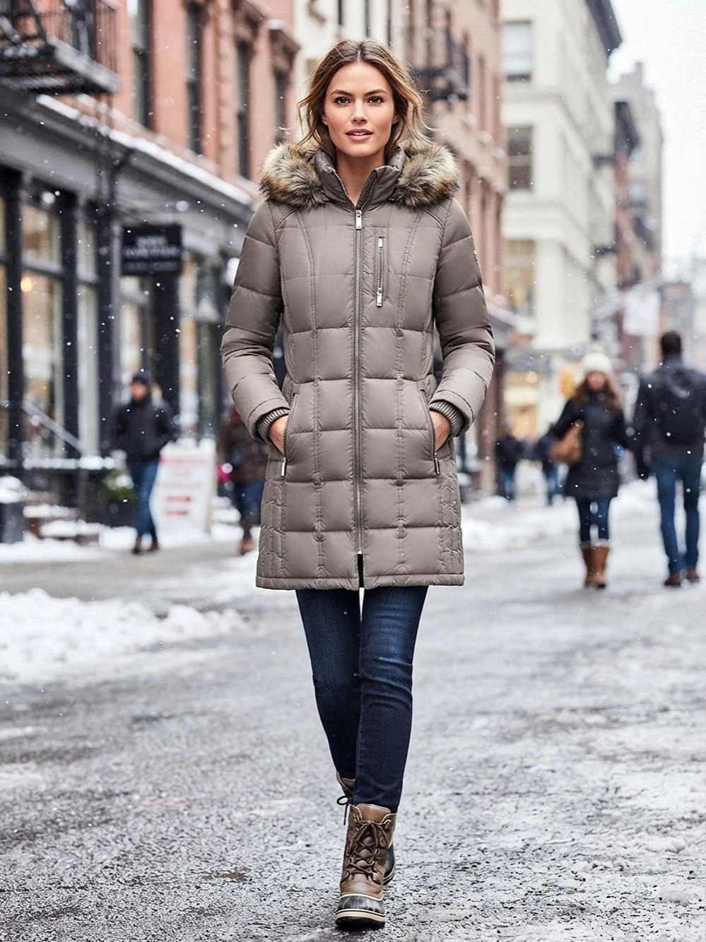 Michael Kors Faux Fur-Trim Quilted Puffer Jacket Gray Small